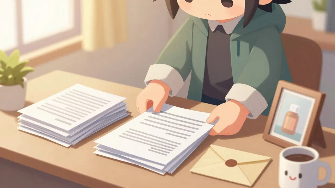 Anime character organizing documents and evidence on a sunny desk.