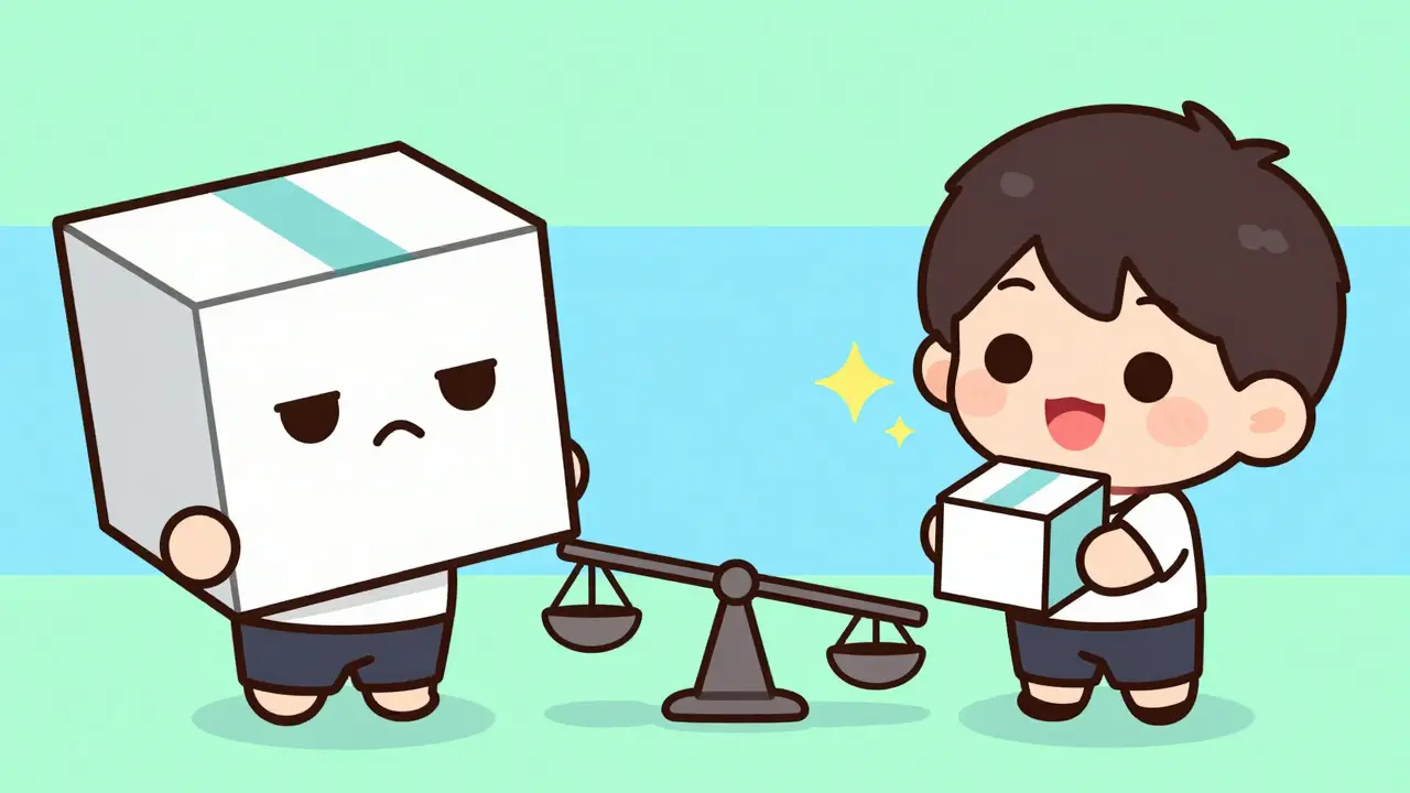 Anime comparison of expensive brand vs affordable generic medicine boxes