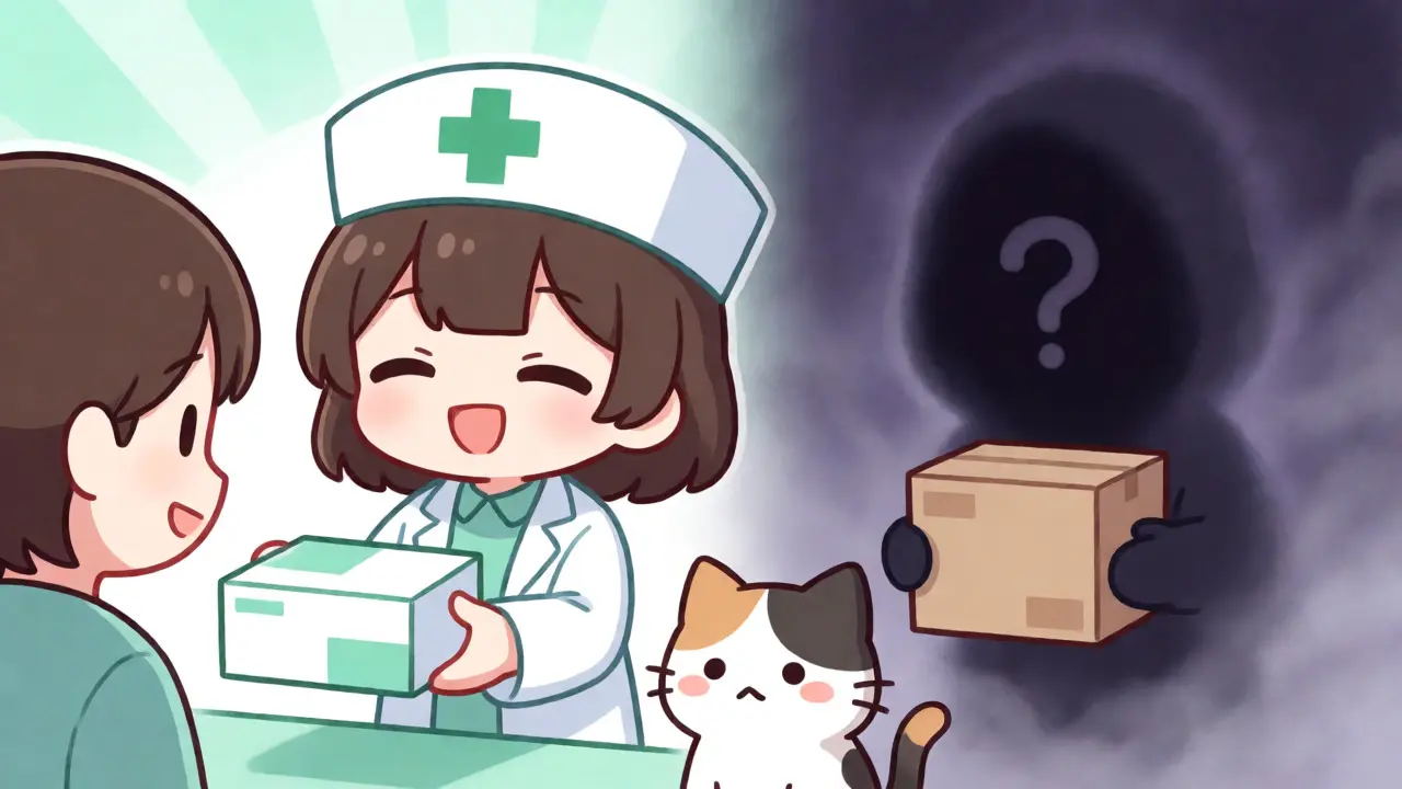 Anime illustration contrasting a safe pharmacy visit with a risky grey-market delivery.