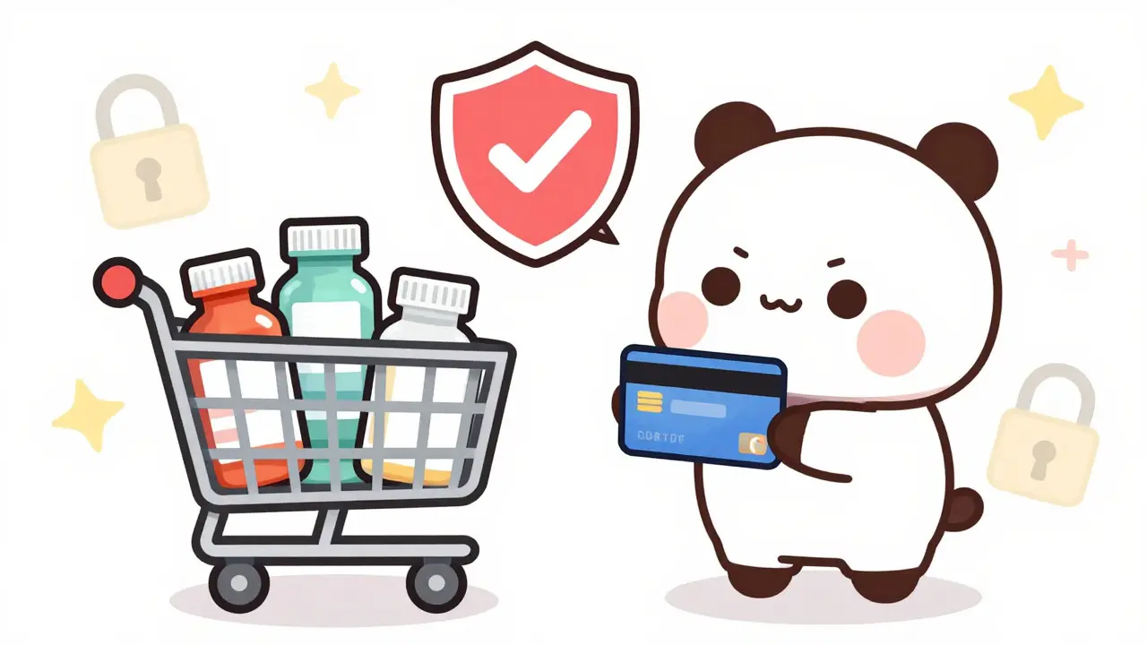 Chibi character checking out safely from an online pharmacy with a security shield