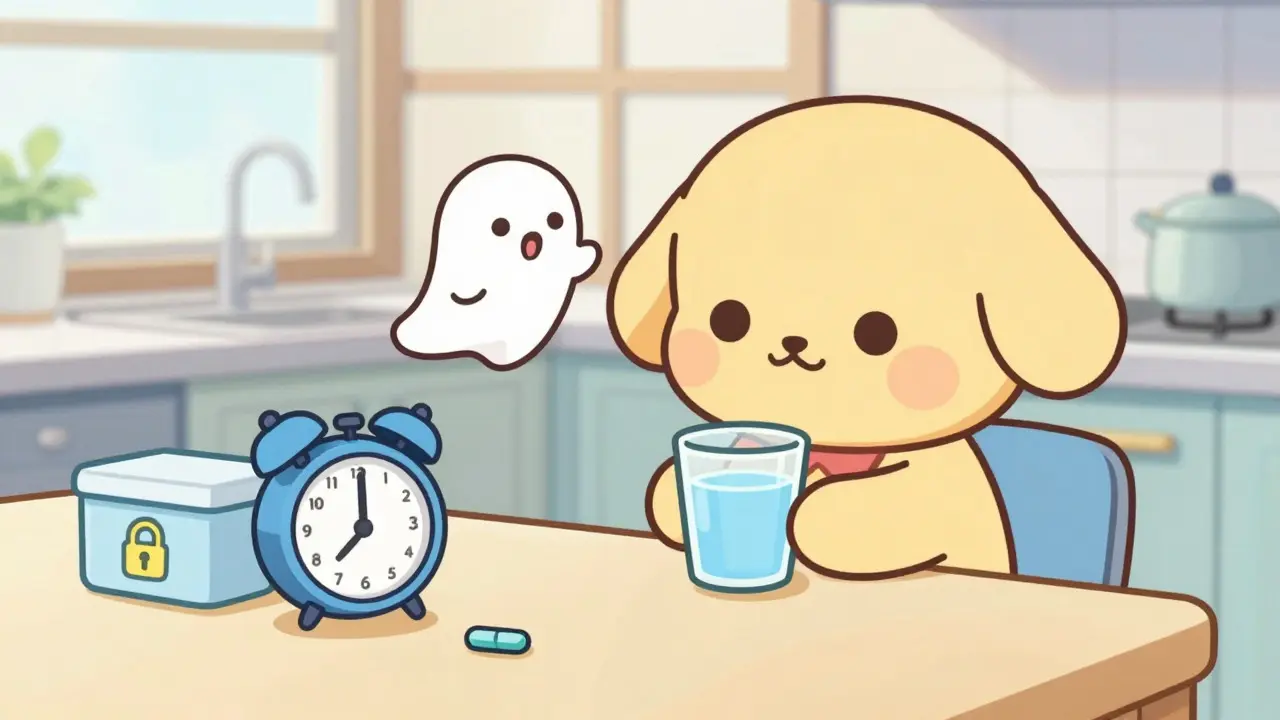 Chibi character taking medicine with water and an alarm clock reminder
