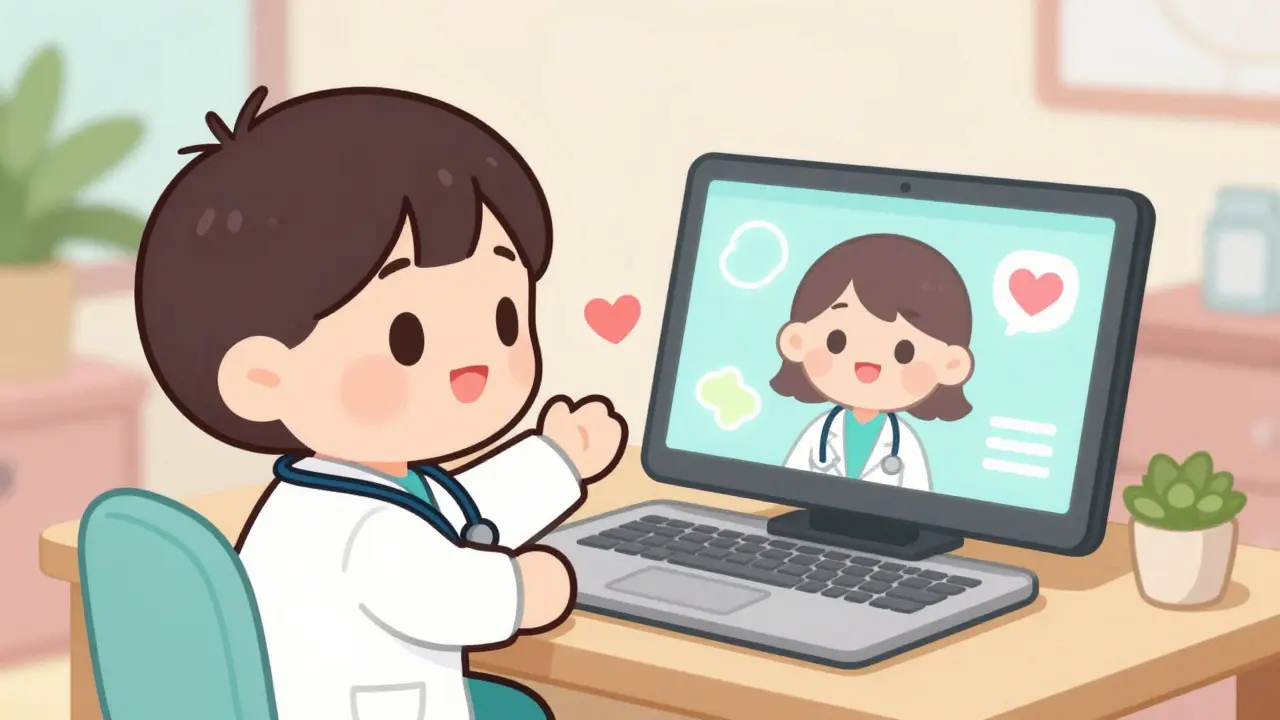 Cute anime doctor waving at a patient during a virtual telehealth consultation