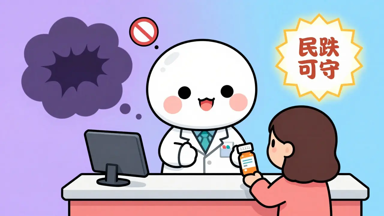 Cute anime pharmacist handing medication while avoiding risky options