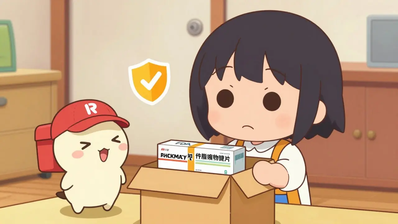 Cute chibi character receiving a safe medicine delivery package at home