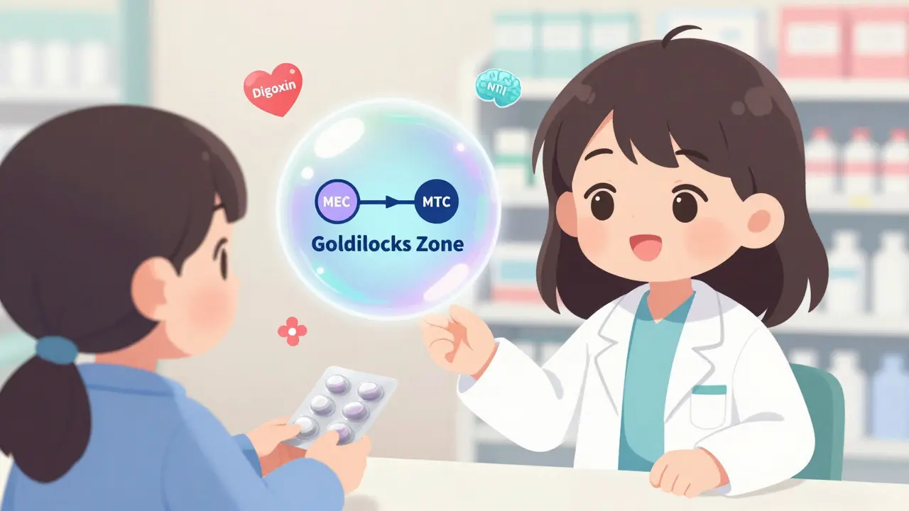 Friendly pharmacist explaining the therapeutic window to a patient