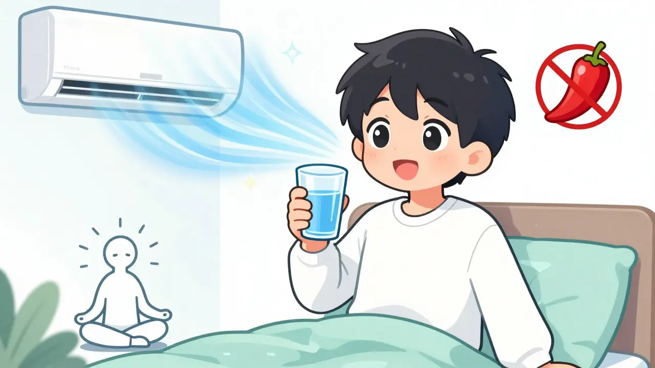 Happy anime character staying cool to prevent heat hives