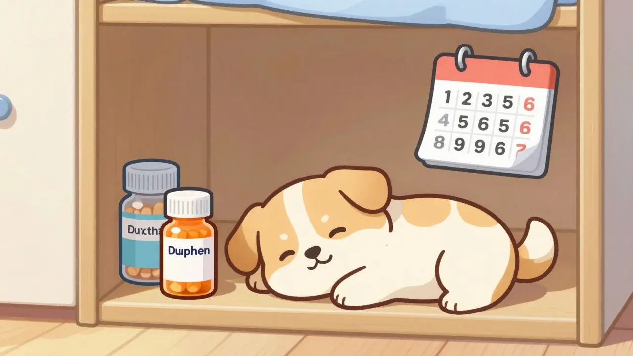 Happy anime dog resting near safe medication storage