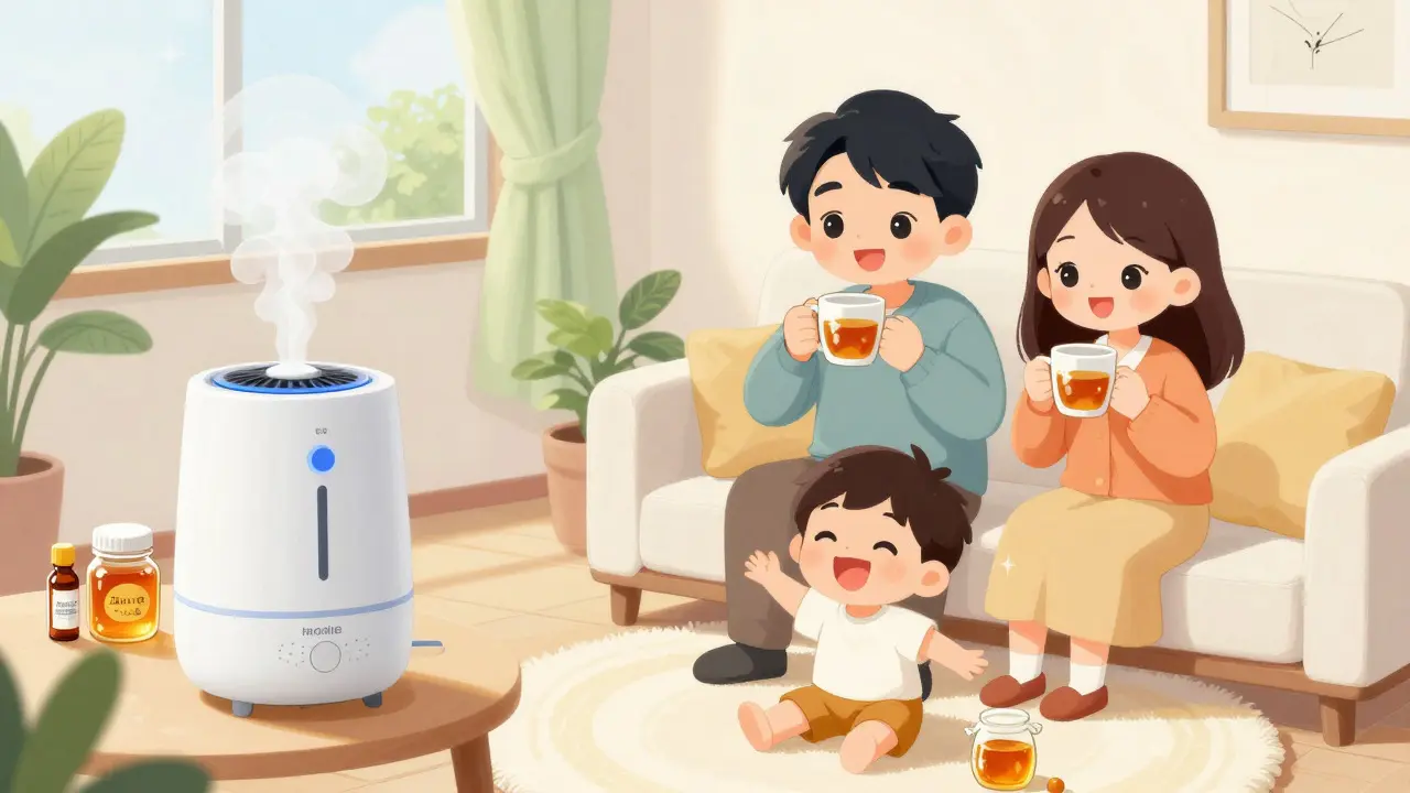 Happy anime family using natural remedies like tea and honey