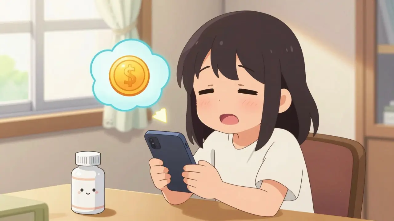Happy anime woman saving money on medication with a smartphone