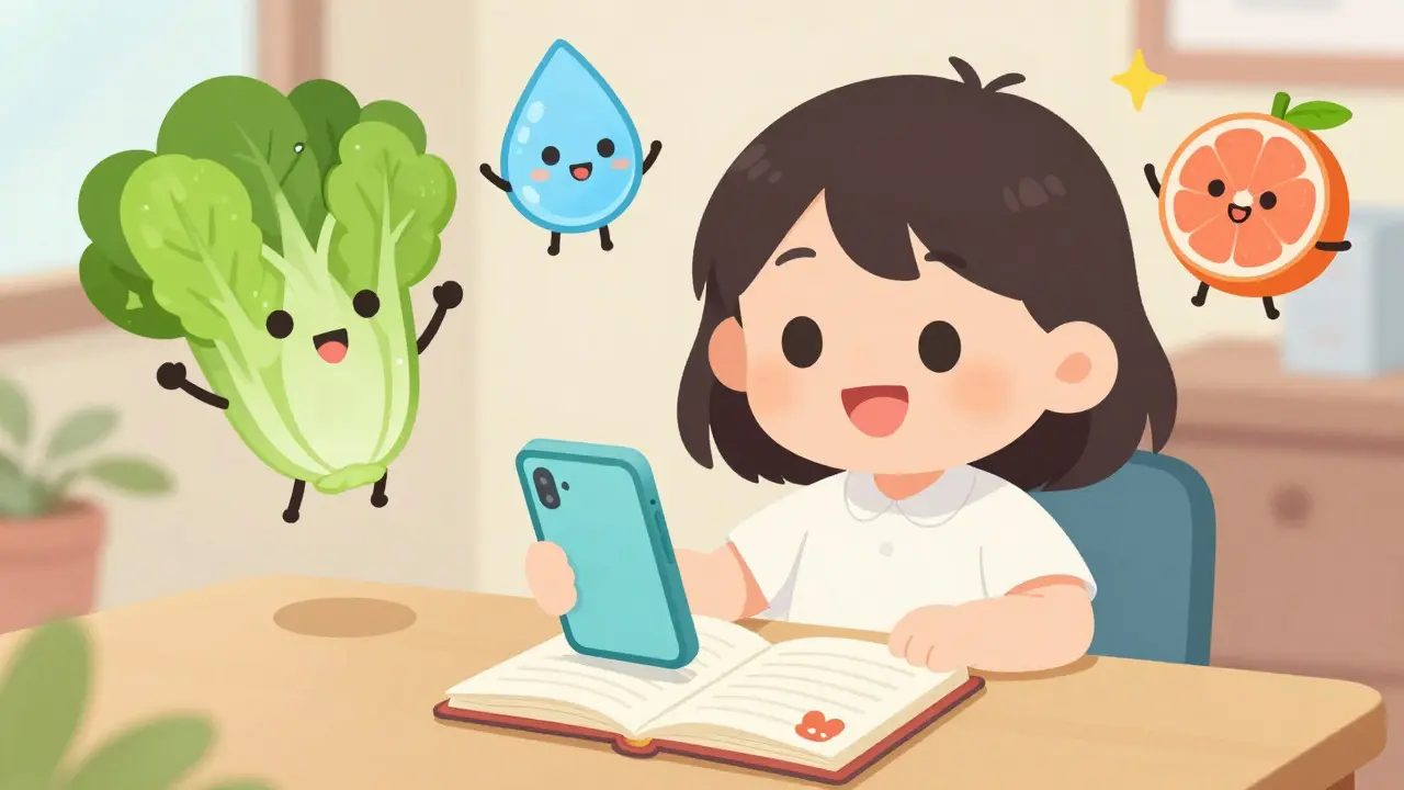 Happy patient tracking meds with cute food characters nearby