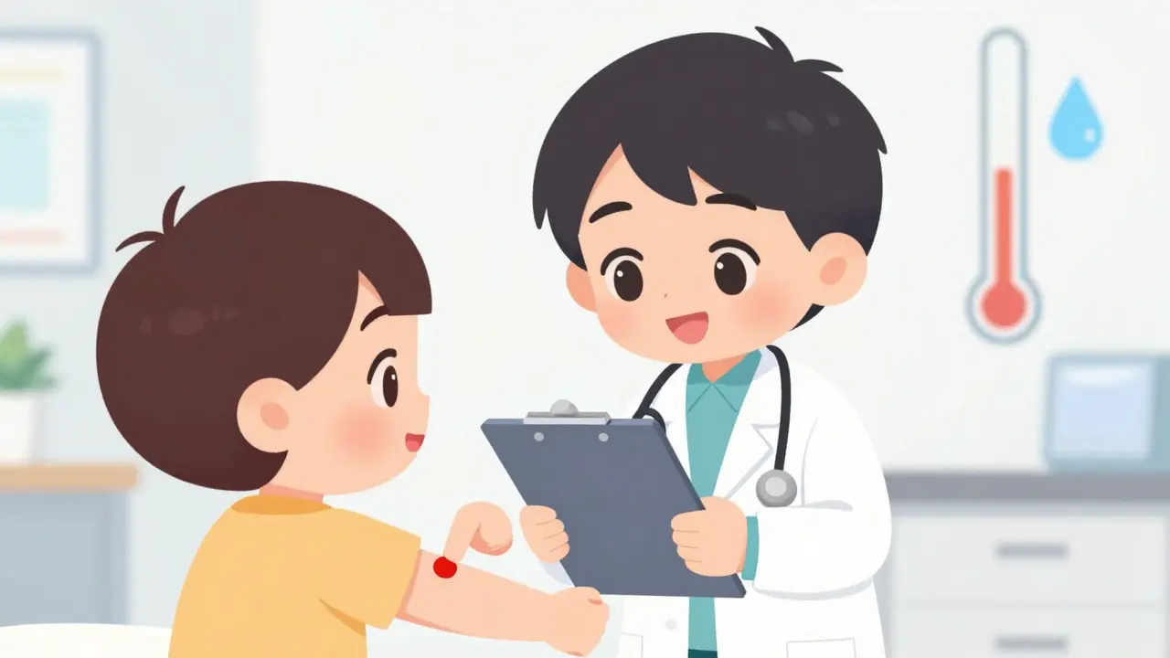 Kawaii doctor explaining pinpoint hives to a patient