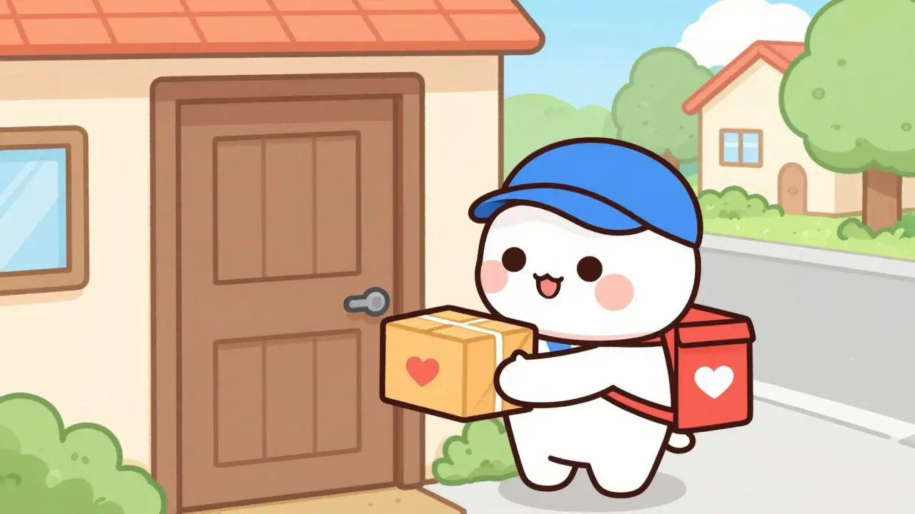Kawaii mail carrier delivering a heart-stickered package to a happy person