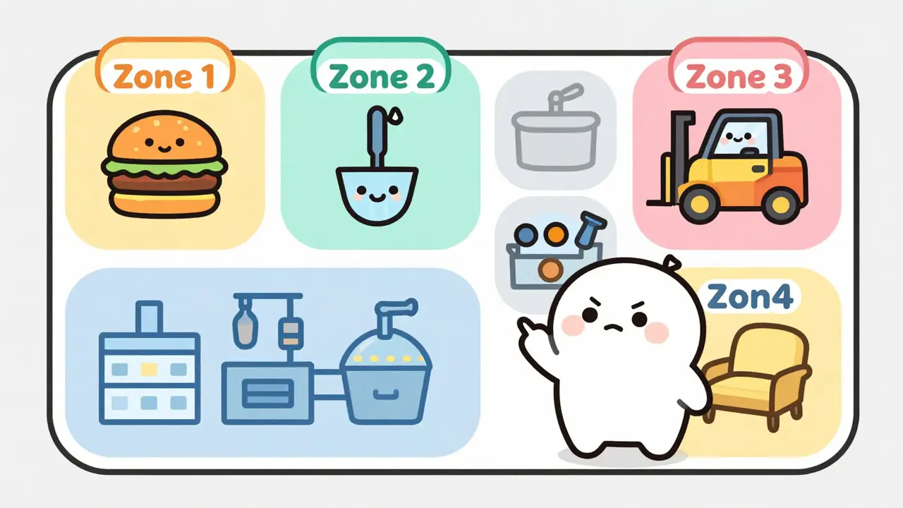 Kawaii mascot pointing at a colorful zone map of a factory floor.