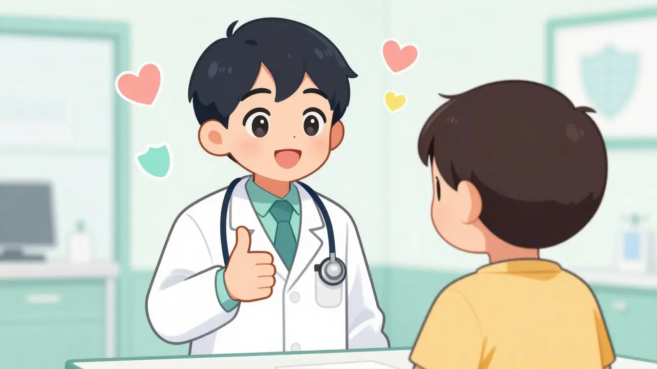 Kawaii style doctor giving a reassuring thumbs-up to a relieved patient.