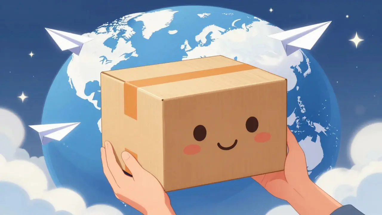 Smiling anime package box ready for international shipping