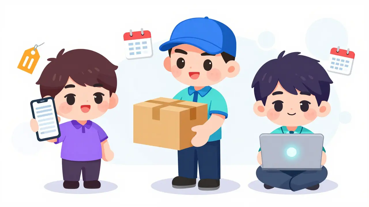 Three chibi characters illustrating different online pharmacy buying methods