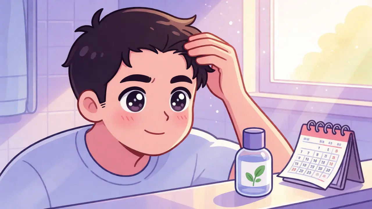 Young anime man checking his hairline in a sunlit bathroom mirror with medication nearby.