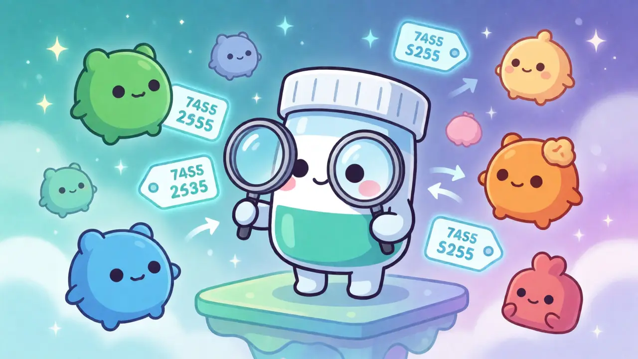 Cute pill mascot comparing floating price tags in digital cloud