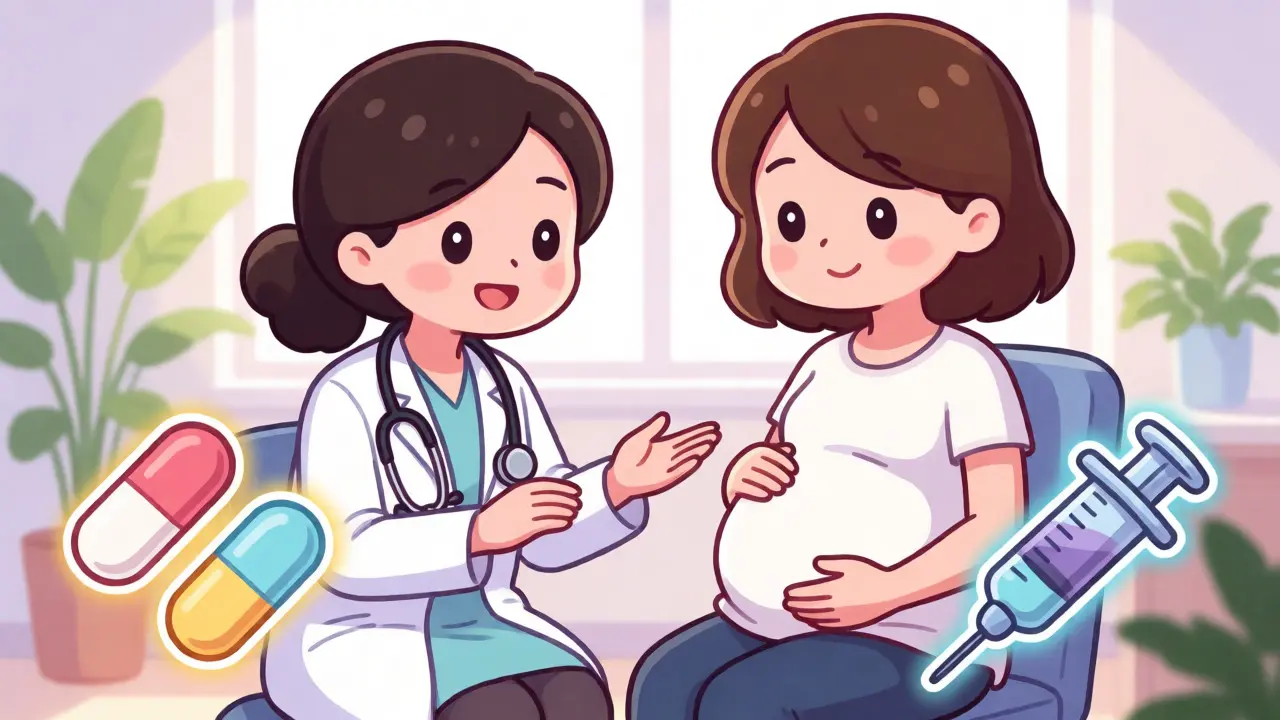 Doctor consulting with a pregnant patient about nausea medications.