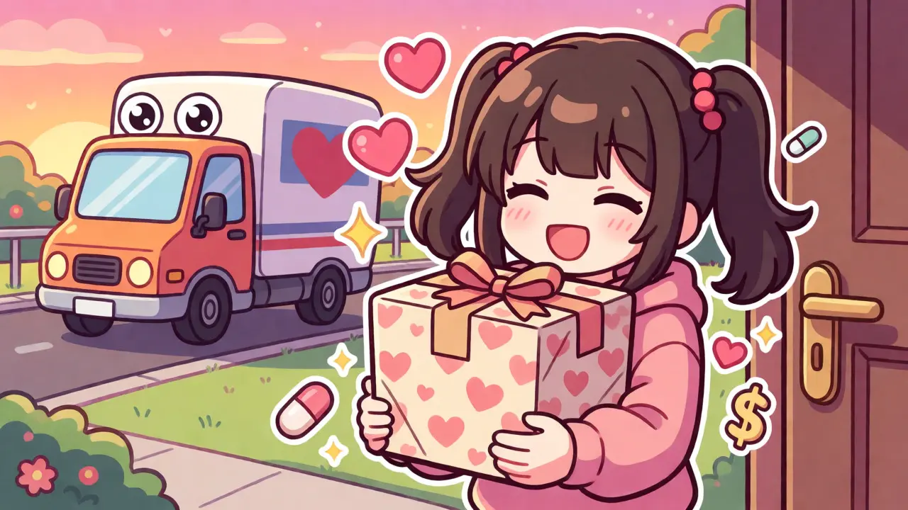 Happy anime girl hugging delivered medicine package with hearts