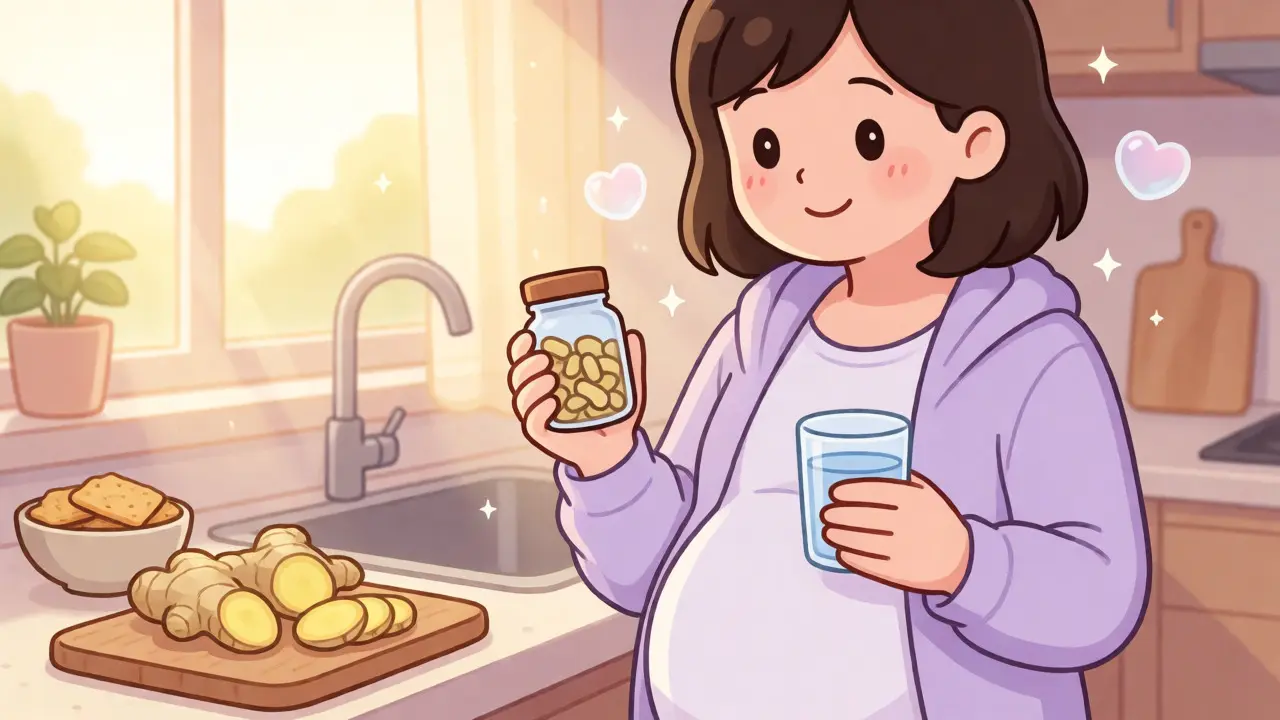 Pregnant woman holding ginger capsules and water in a sunny kitchen.